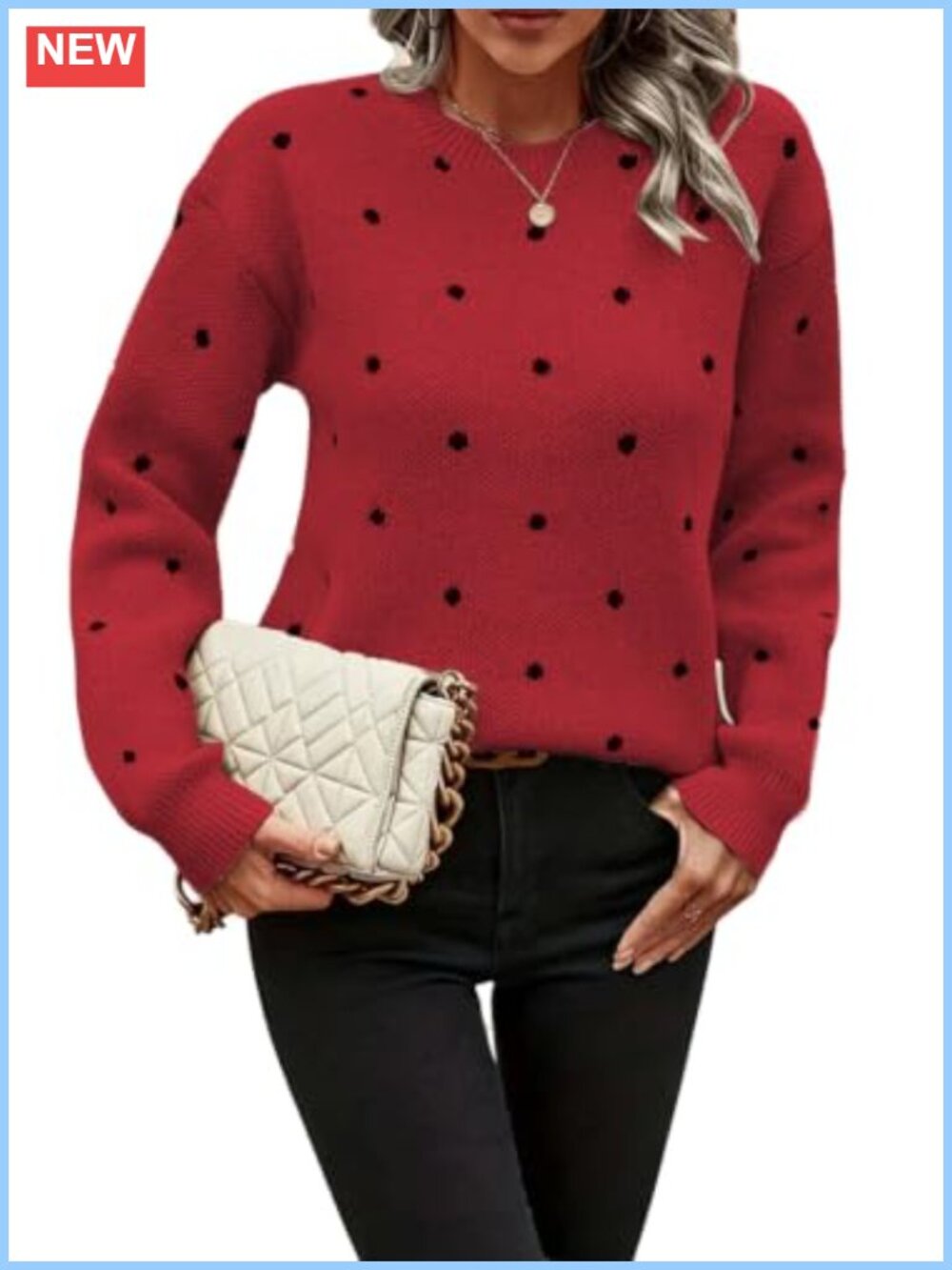 Womens Polka Dot Sweater Long Sleeve Crewneck Pullover